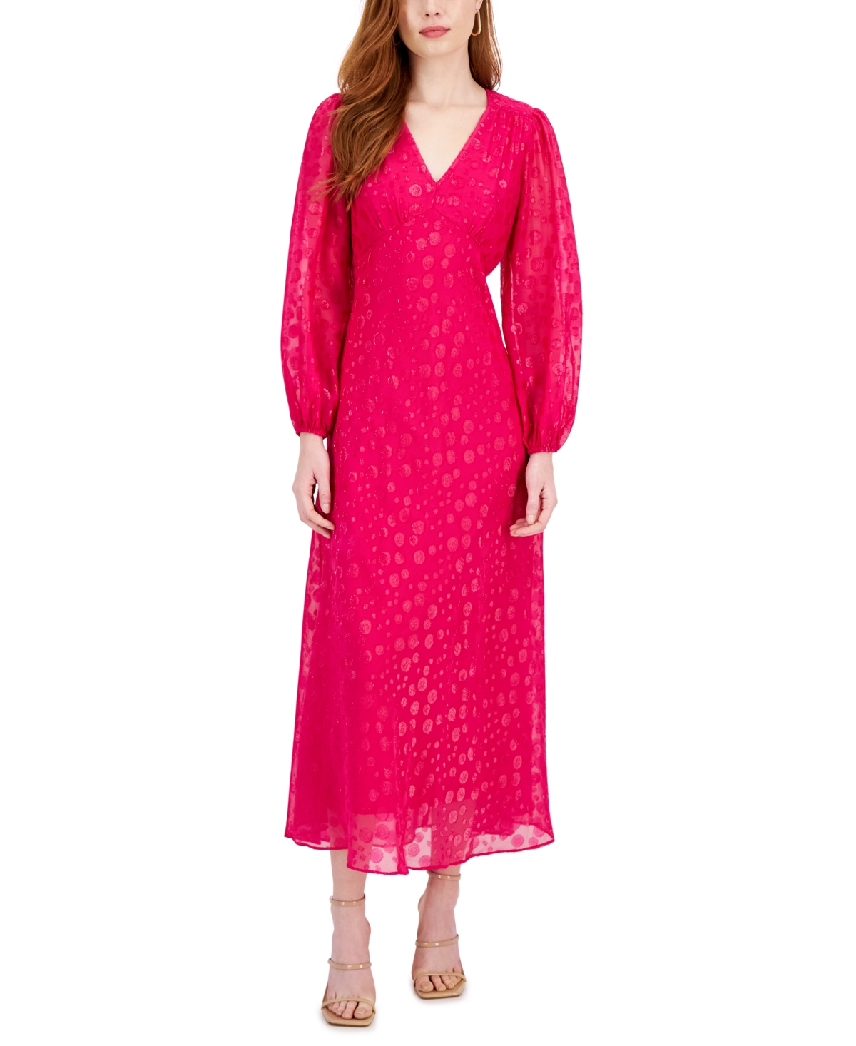 Taylor Women's Chiffon Dot V-neck Empire-waist Dress In Pinkolious