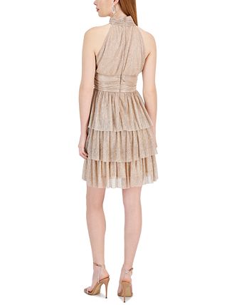 Taylor Women s Metallic Halter Ruched Waist Tiered Dress Macy s