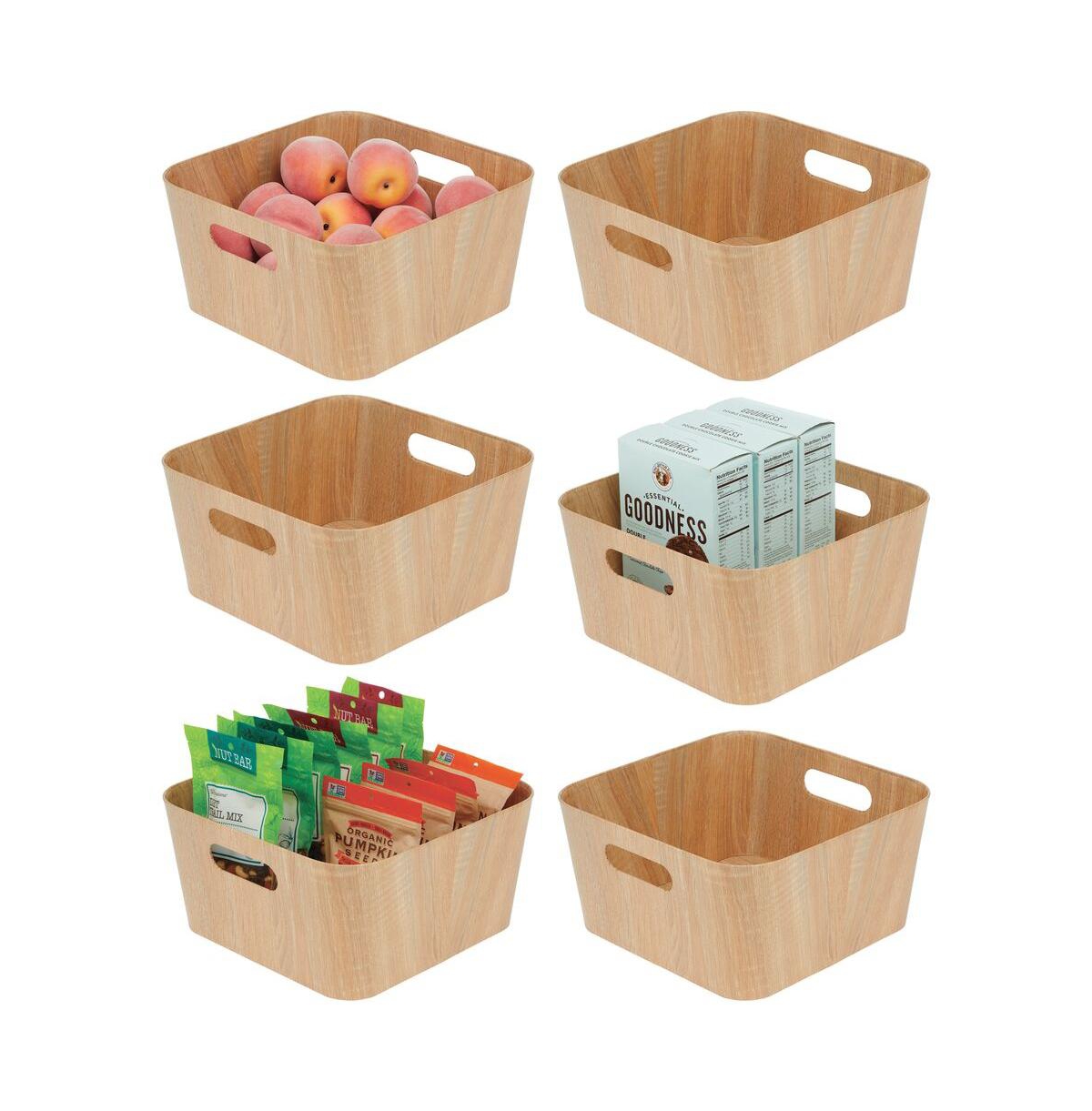 mDesign Wood Grain Paperboard Food Storage Bin Basket, Handles, 6 Pack, Natural