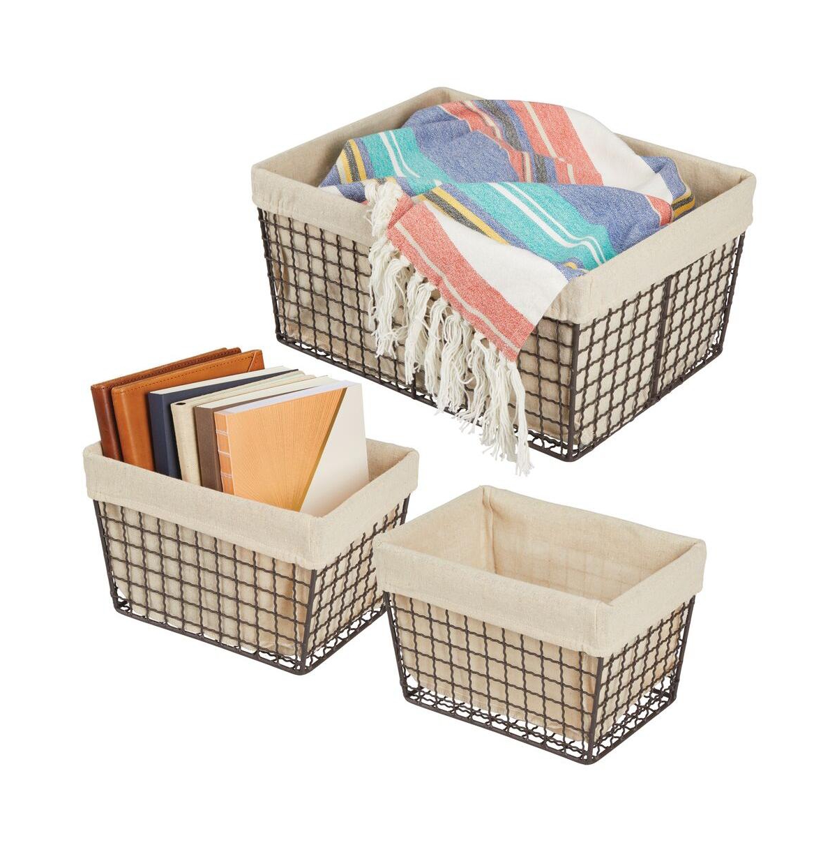 Metal Household Storage Basket, Fabric Liner, Set of 3, Bronze/Natural - Bronze/natural