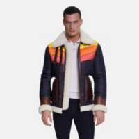 Men's Puffer Jacket, Cracked Brown With Beige Curly Wool - Black multicolor