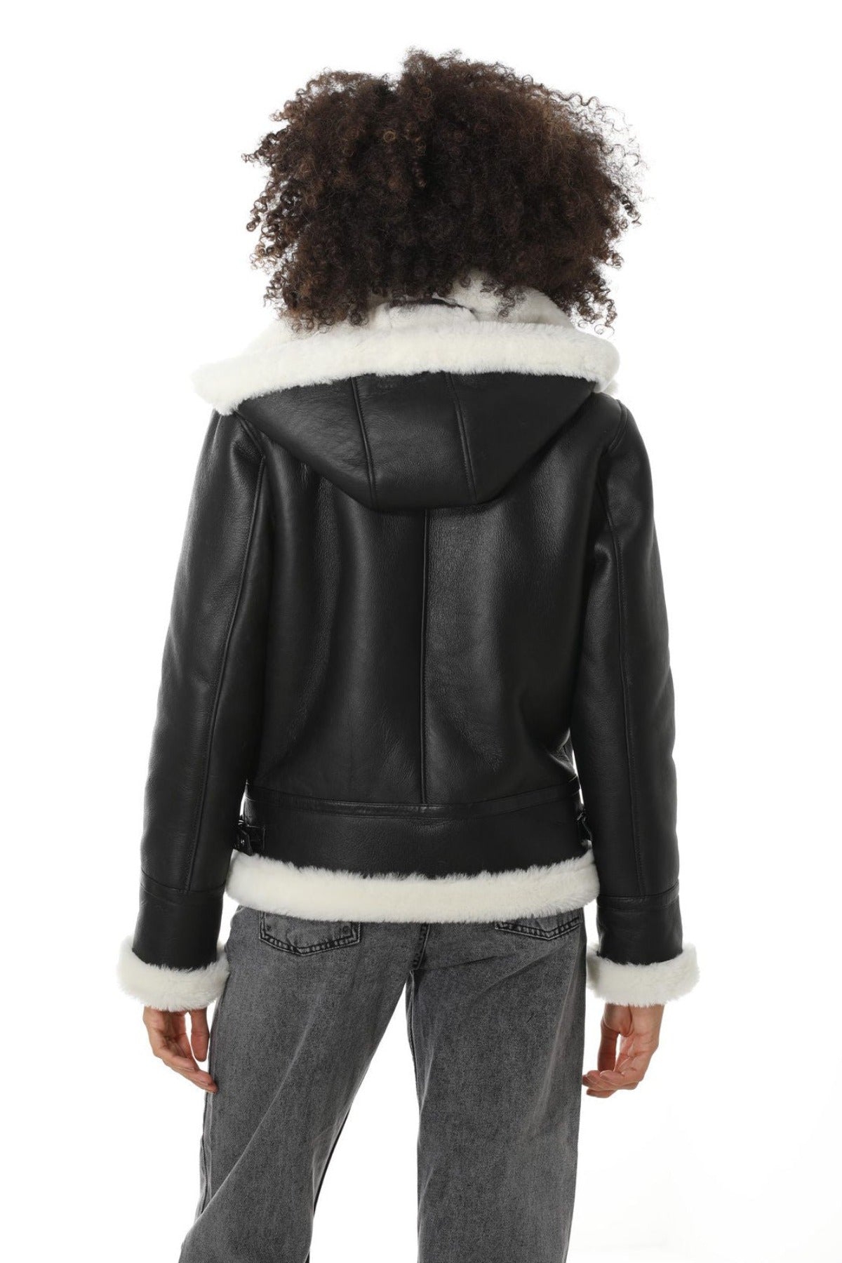 Furniq Uk Women's Detachable Hooded Shearling Jacket, Silkywith White Wool - Black