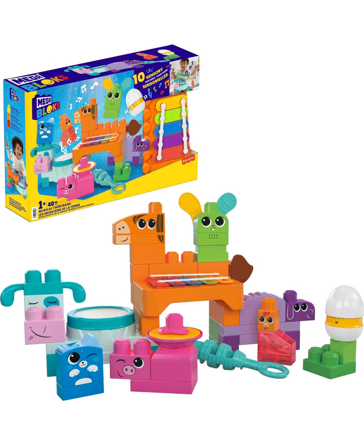 Mega Bloks Kids' Fisher Price Musical Farm Band Sensory Block Toy 45 Pieces For Toddler Set In Multi-color