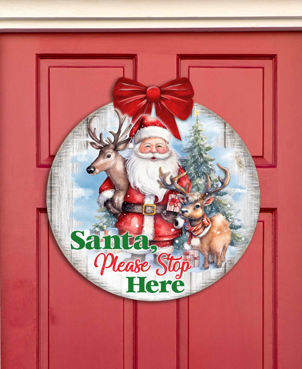 Designocracy Santa Please Stop Here Sign Christmas Door Decor Wood Welcome Sign G. Debrekht In Multi Color