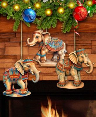 Carousel Elephants Christmas Wooden Ornaments Set of 3 G. DeBrekht