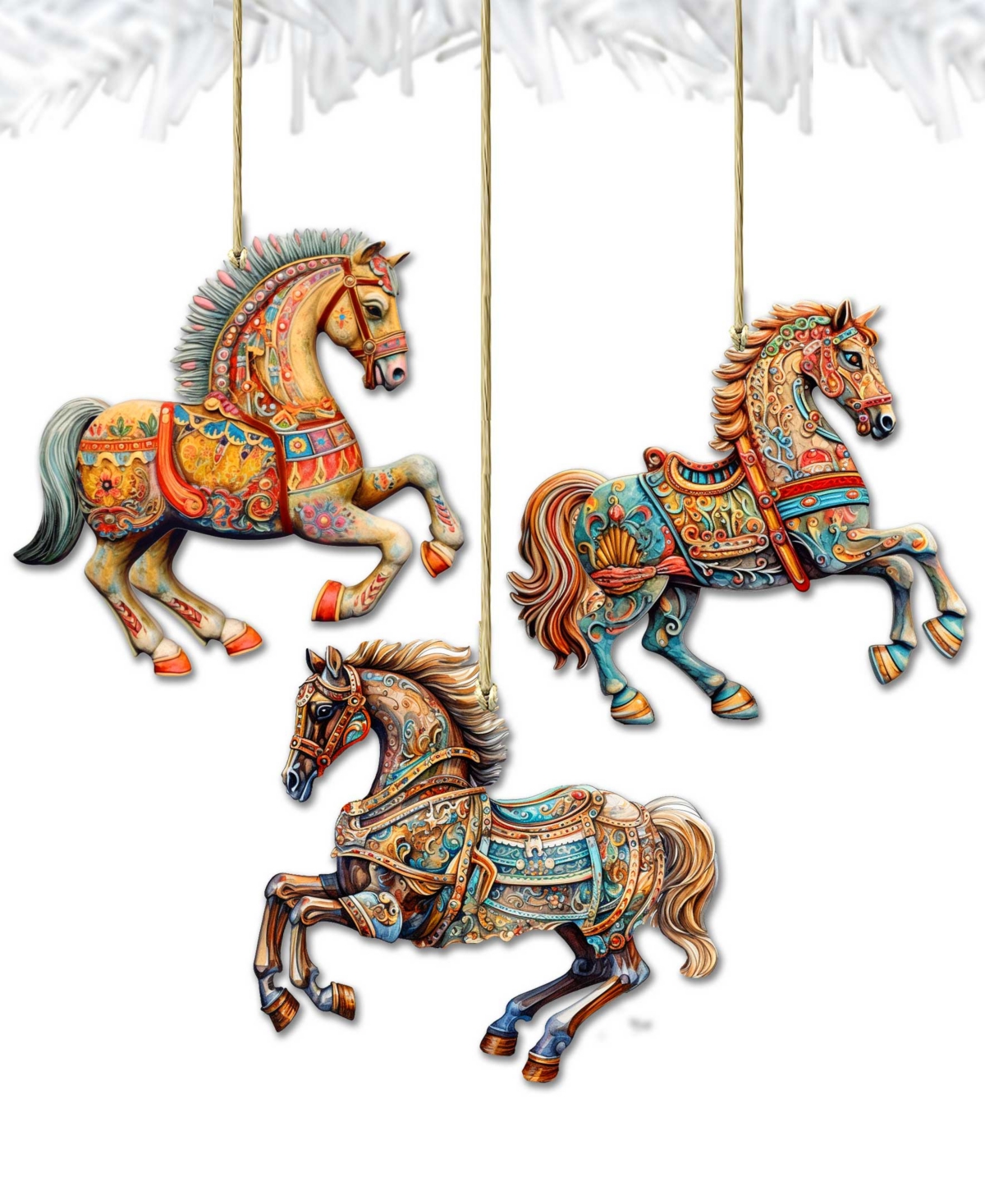 Designocracy Ornamental Horses Christmas Wooden Ornaments Holiday Decor Set Of 3 G. Debrekht In Multi Color