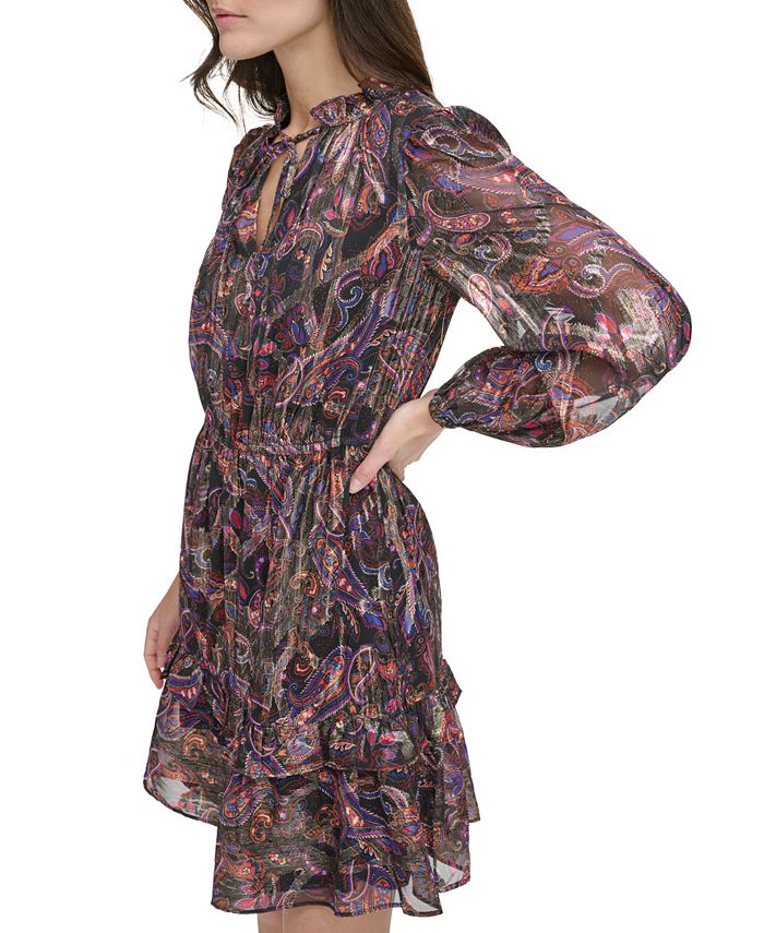 Vince Camuto Petite Metallic Paisley Ruffled Tie Neck Dress Macy s