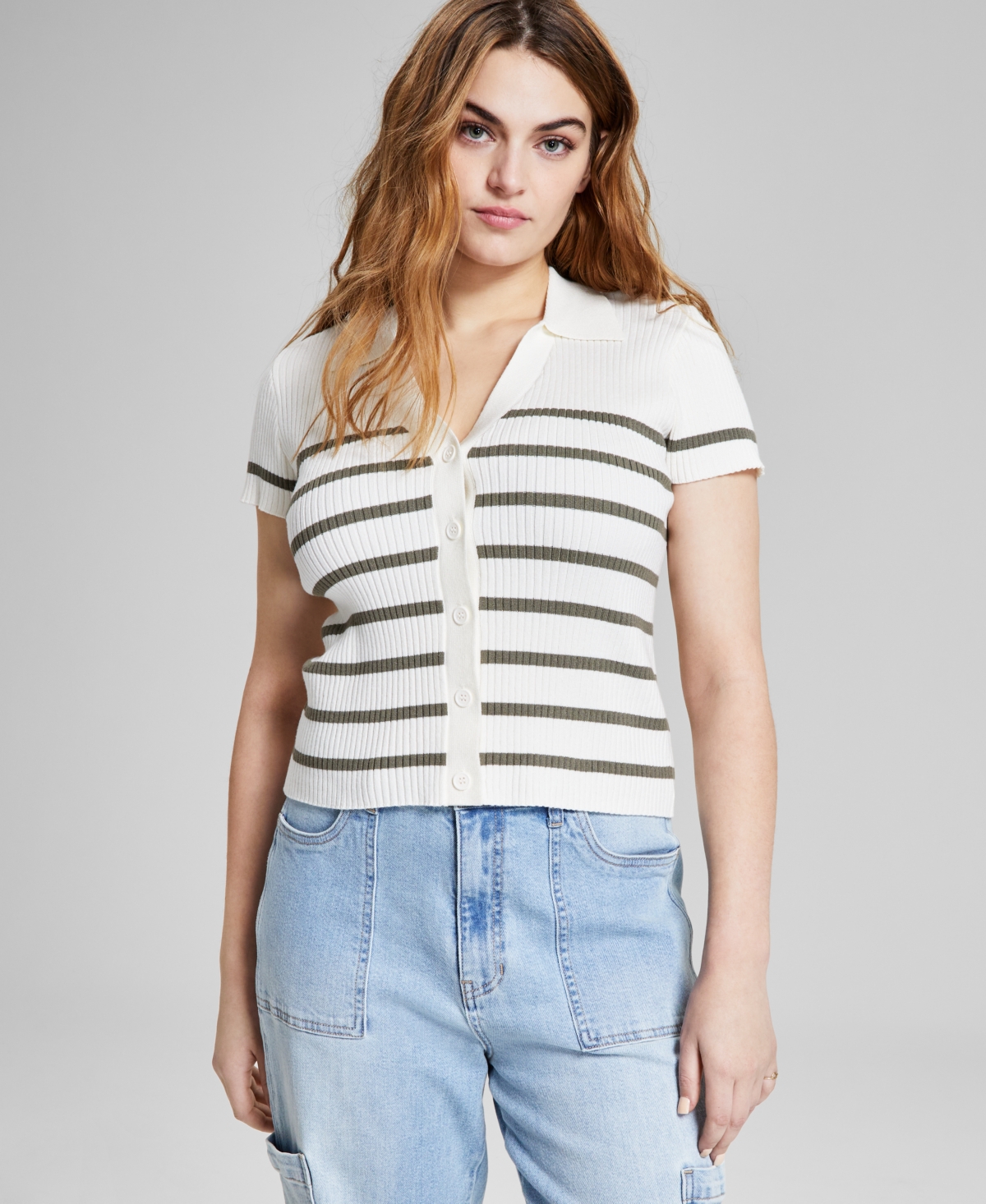 And Now This Women's Striped Ribbed Polo Short-sleeve Sweater, Created For Macy's In Crushed Oregano Stripe