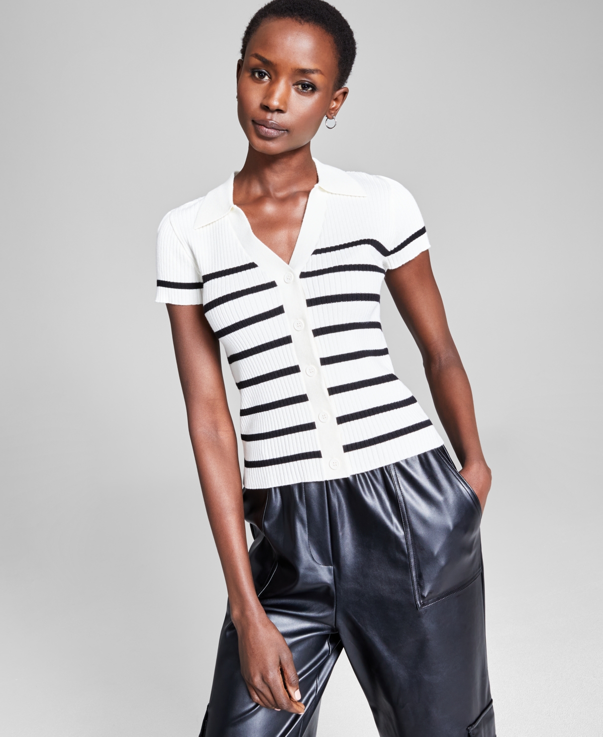 And Now This Women's Striped Ribbed Polo Short-sleeve Sweater, Created For Macy's In Black Stripe