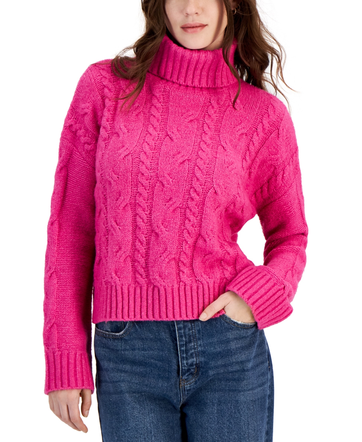 Pink Rose Juniors' Cable-knit Turtleneck Sweater In Fuchsia Flame