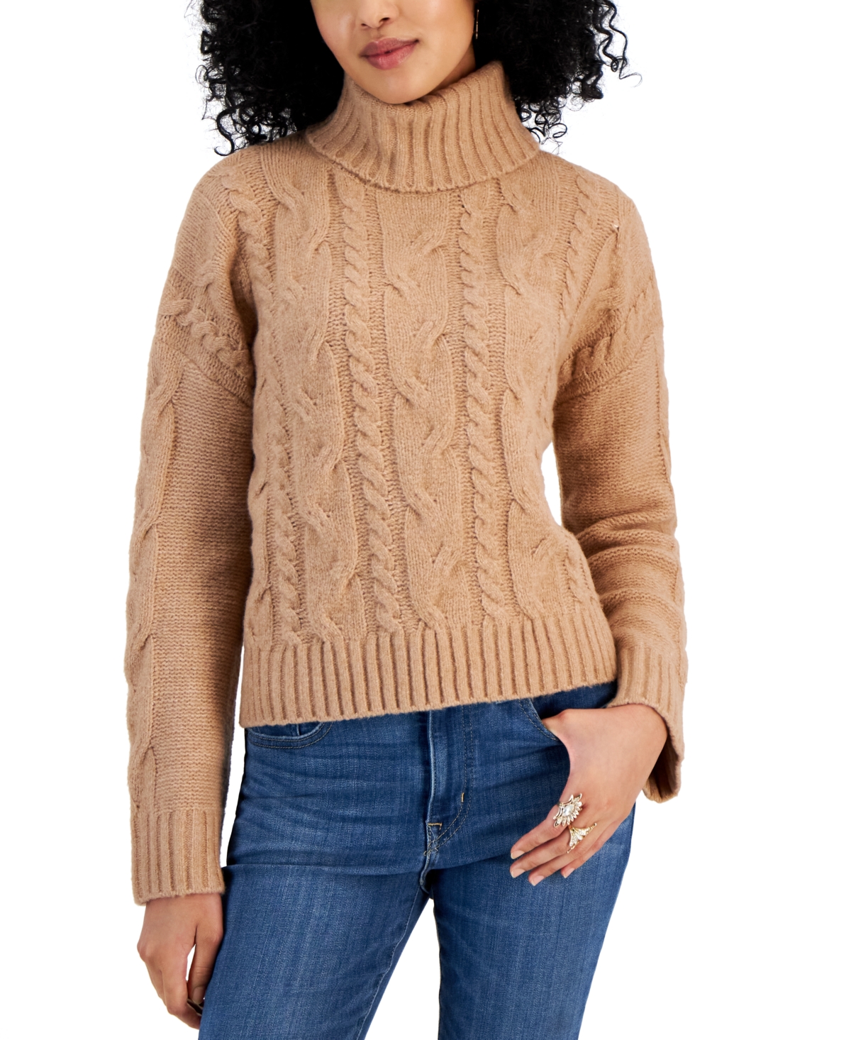 Pink Rose Juniors' Cable-knit Turtleneck Sweater In Cafe Mocha
