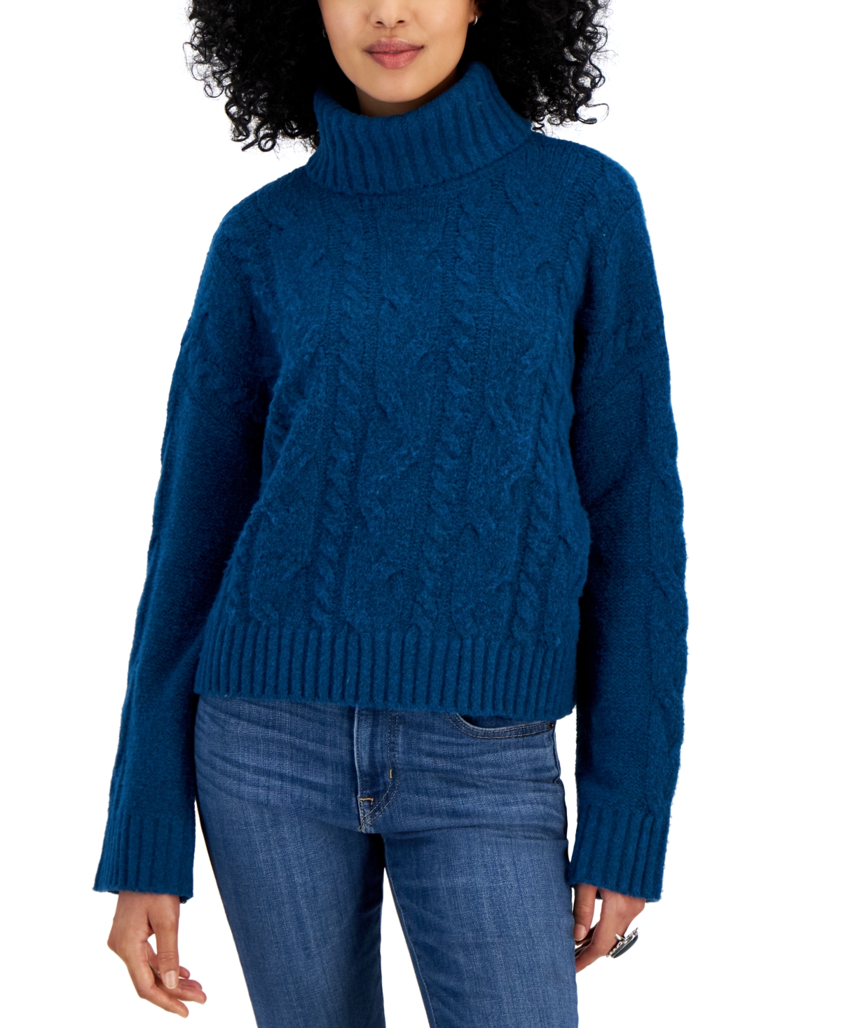 Juniors' Cable-Knit Turtleneck Sweater - Poppy Pine
