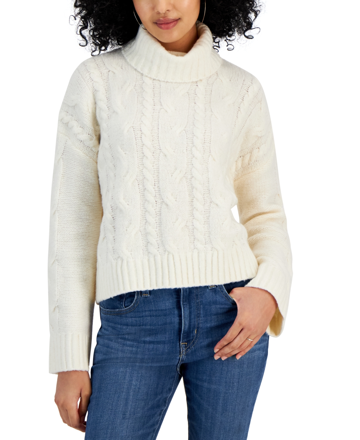 Pink Rose Juniors' Cable-knit Turtleneck Sweater In Blizzard White