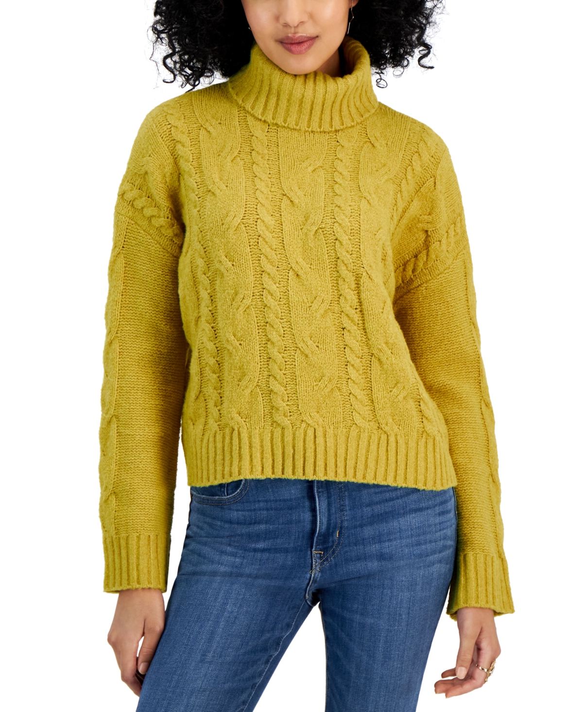 Pink Rose Juniors' Cable-knit Turtleneck Sweater In Citron