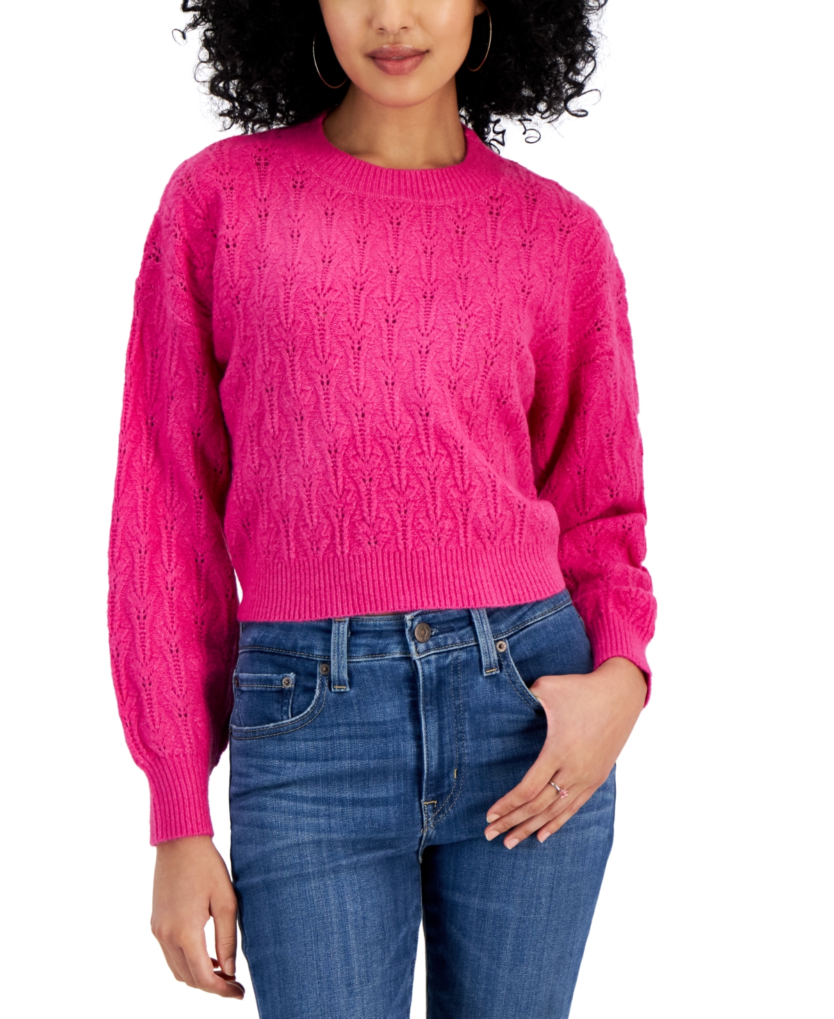 Pink Rose Juniors' Pointelle-knit Tie-back Sweater In Fuchsia Flame