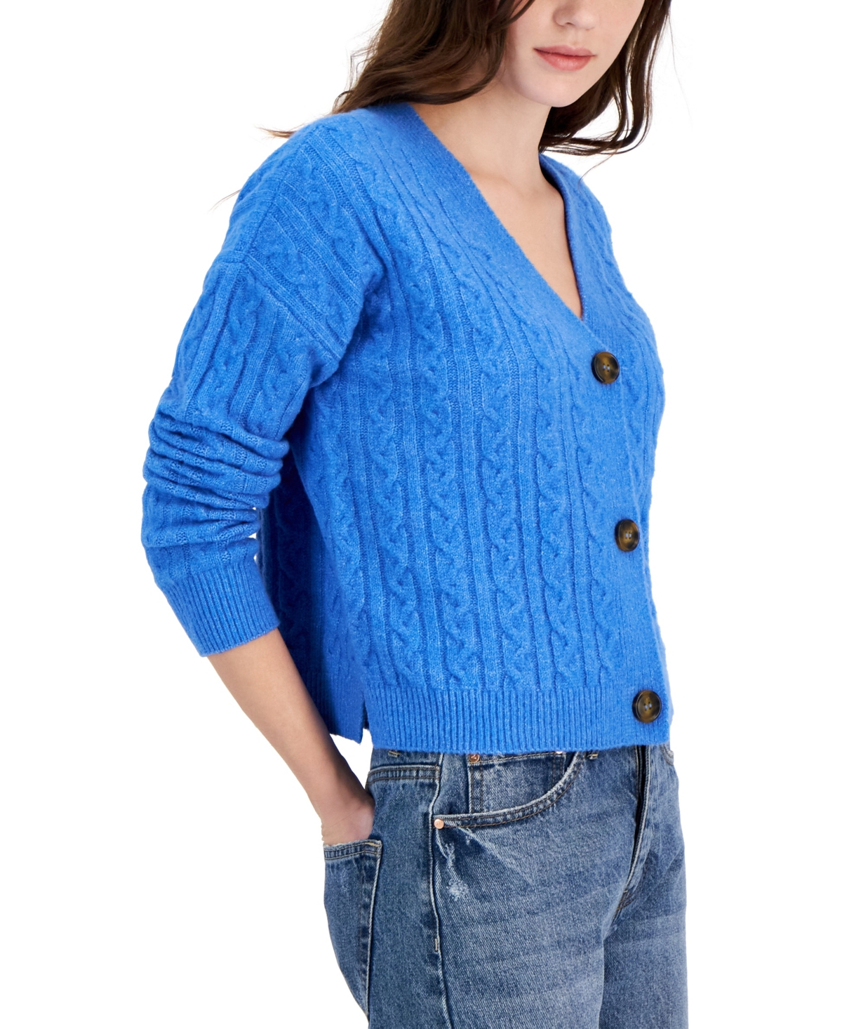 Pink Rose Juniors' Cable-knit V-neck Cardigan In Blue Frost