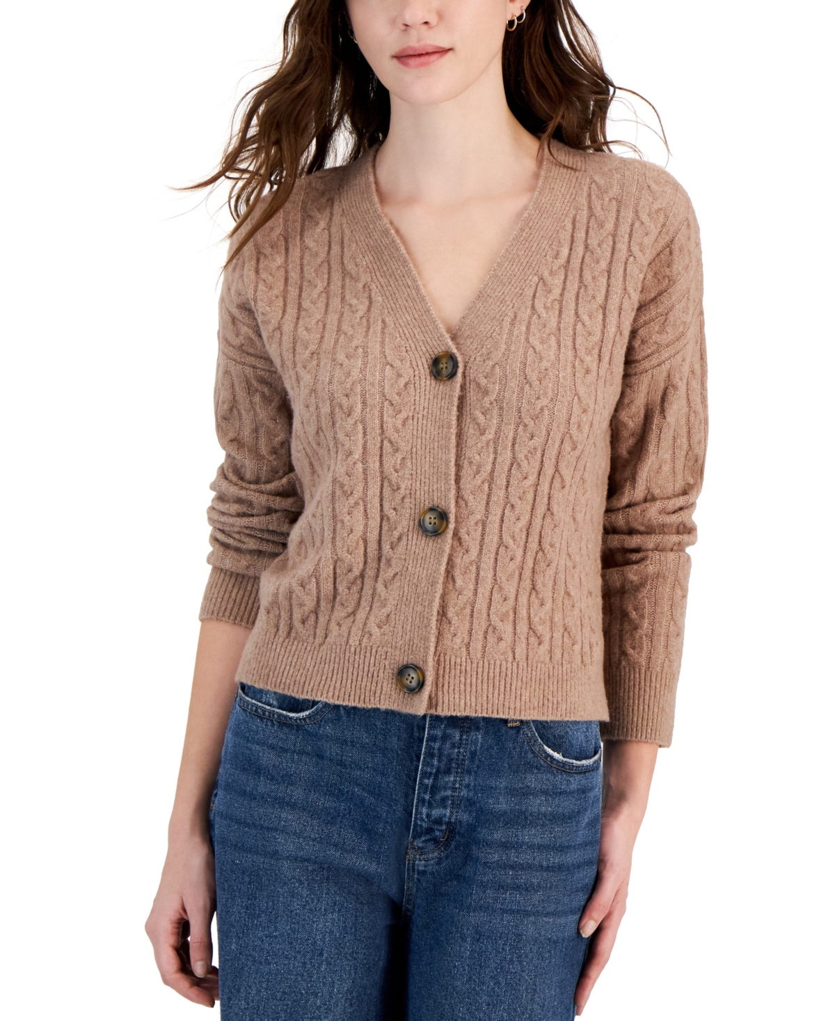 Pink Rose Juniors' Cable-knit V-neck Cardigan In Iced Mocha