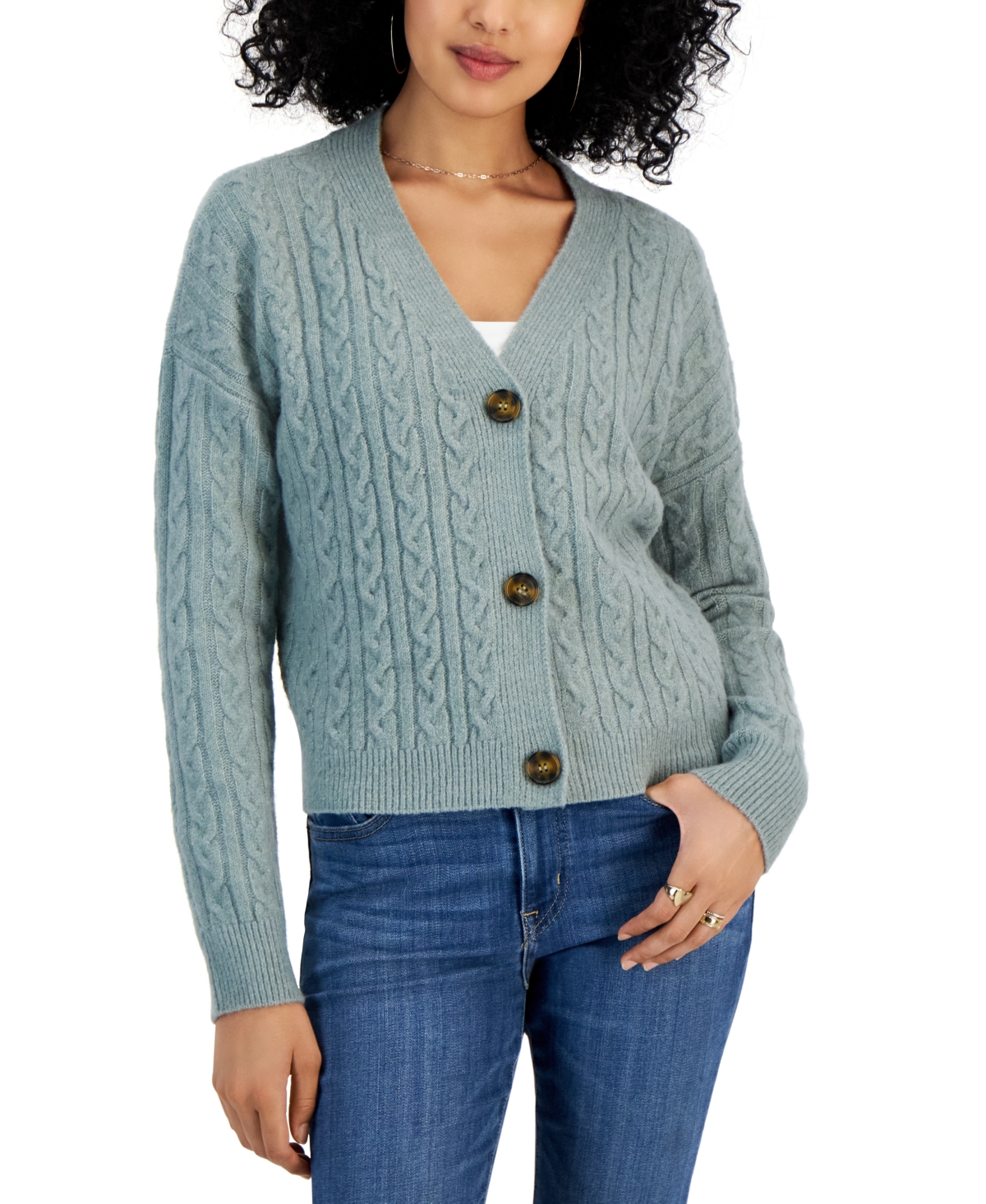 Pink Rose Juniors' Cable-knit V-neck Cardigan In Soft Jade