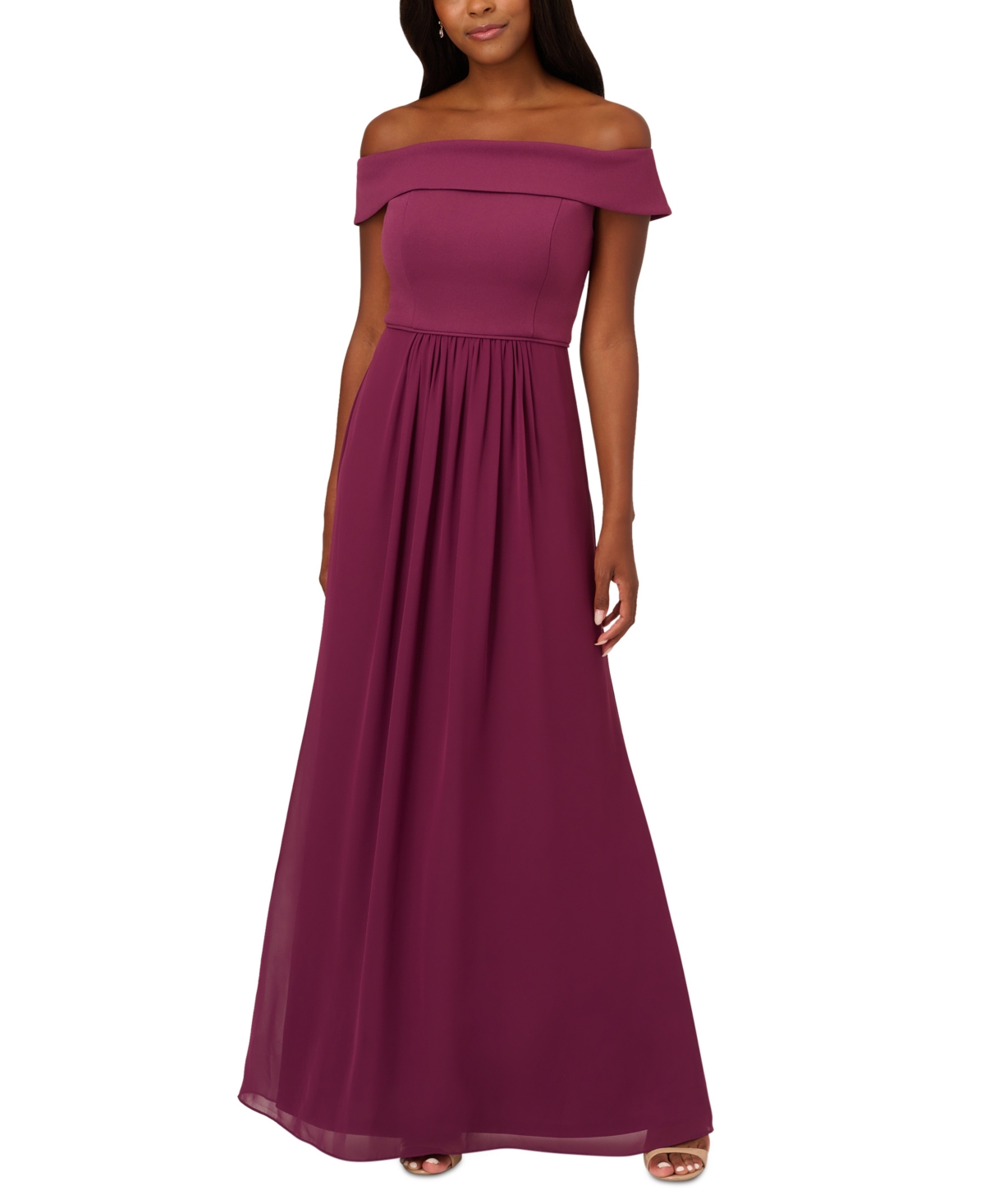 Adrianna Papell Off-the-shoulder Chiffon Gown In Cassis