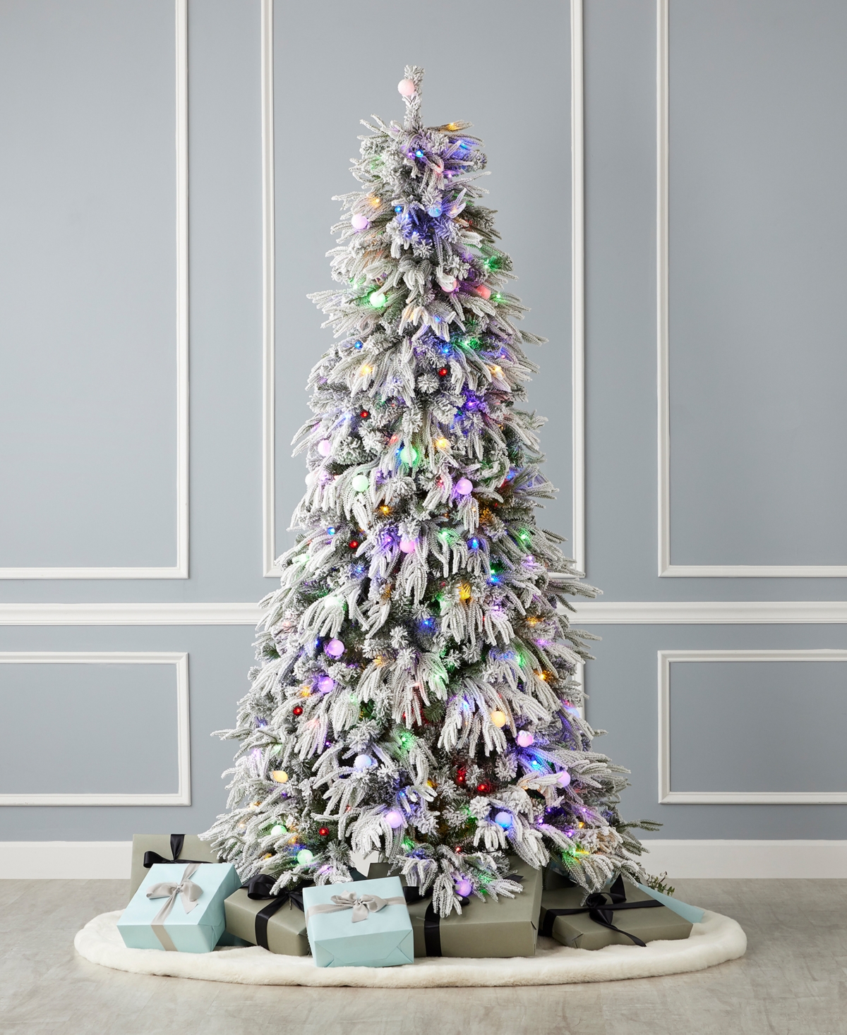 Seasonal Frosted Acadia Pre-Lit Full Flocked Pe Mixed Pvc Tree with Metal Stand, 3265 Tips, 400 Changing Led Lights
