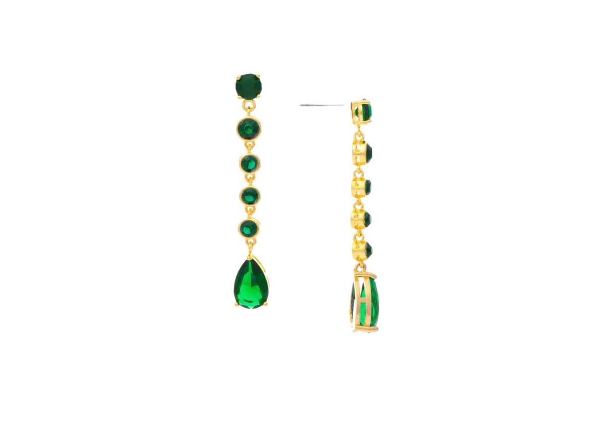 Emerald Crystal Dangling Drop Earrings - Gold with green crystal