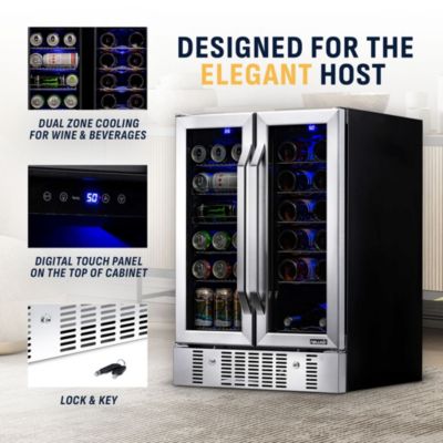 24" Built-in Dual Zone 18 Bottle and 58 Can Wine and Beverage Fridge in Stainless Steel with French Doors and Chrome Shelves