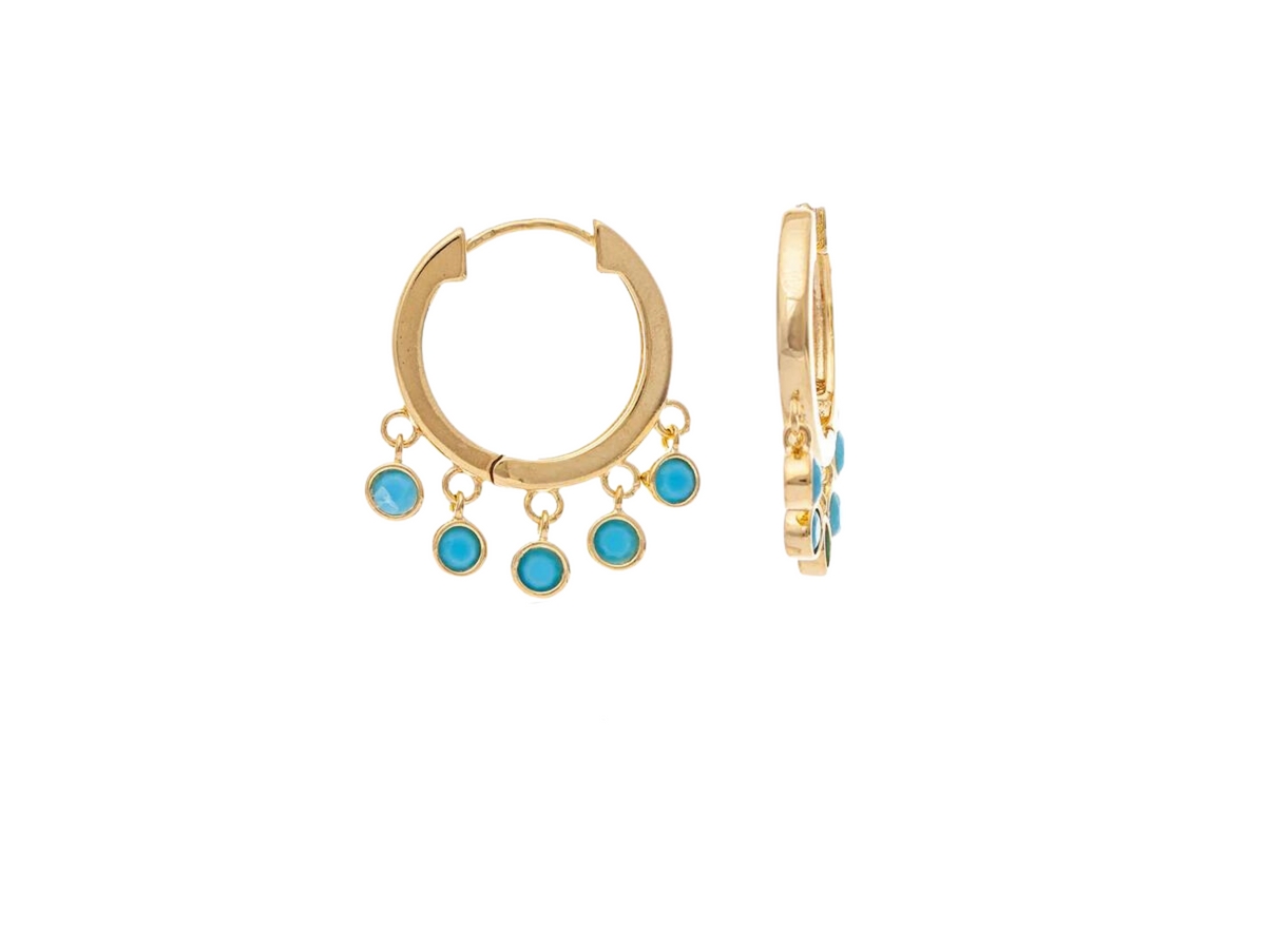 Turquoise Crystal Dangle Hoop Earrings - Gold with turquoise
