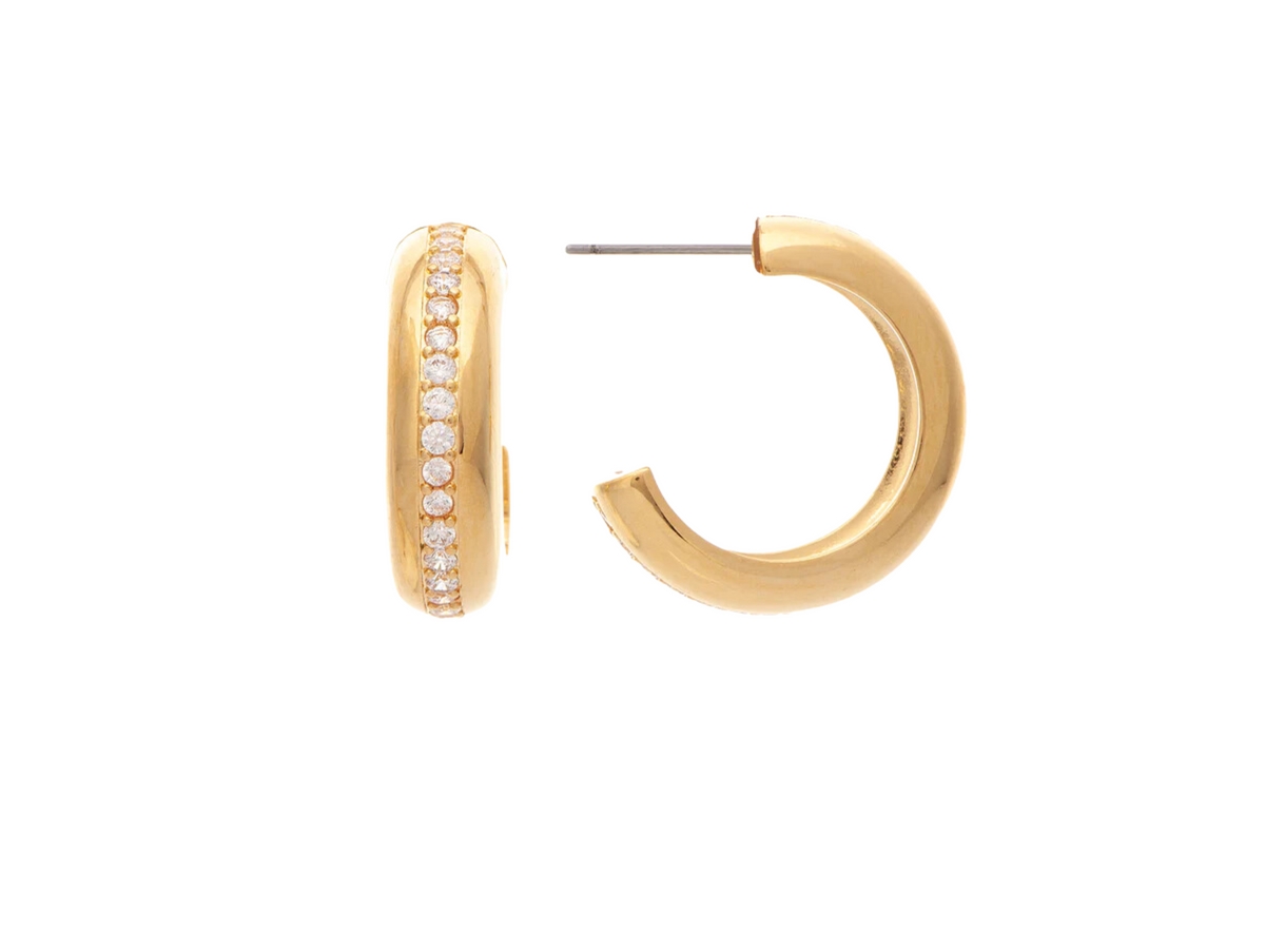 Polished Cubic Zirconia Center Hoop Earrings - Gold with clear cubic zirconia