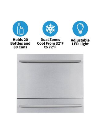 24" Built-in 20 Bottle and 80 Can Dual Drawer Indoor/Outdoor Wine and Beverage Fridge in Weatherproof Stainless Steel with Easy Glide Casters