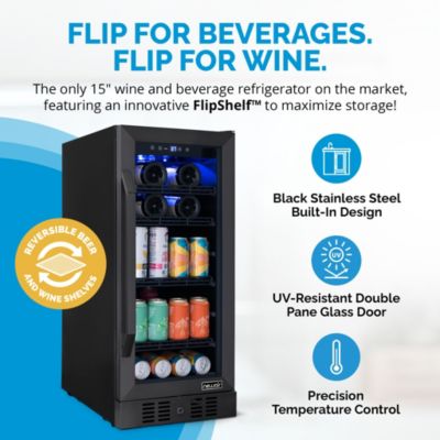 Wine & Beverage Refrigerator – 15" FlipShelf, Dual Zone, 80 Cans/33 Bottles, Black Stainless, Glass Door, Quiet Cooling, Built-in/Freestanding