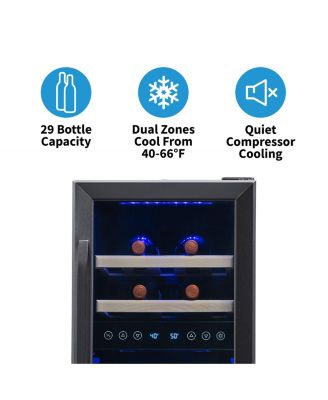 Freestanding 28 Bottle Dual Zone Compressor Wine Fridge in Stainless Steel, Adjustable Racks and Exterior Digital Thermostat