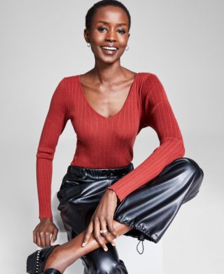 And Now This - Women's V-Neck Ribbed Sweater-Knit Long-Sleeve Bodysuit