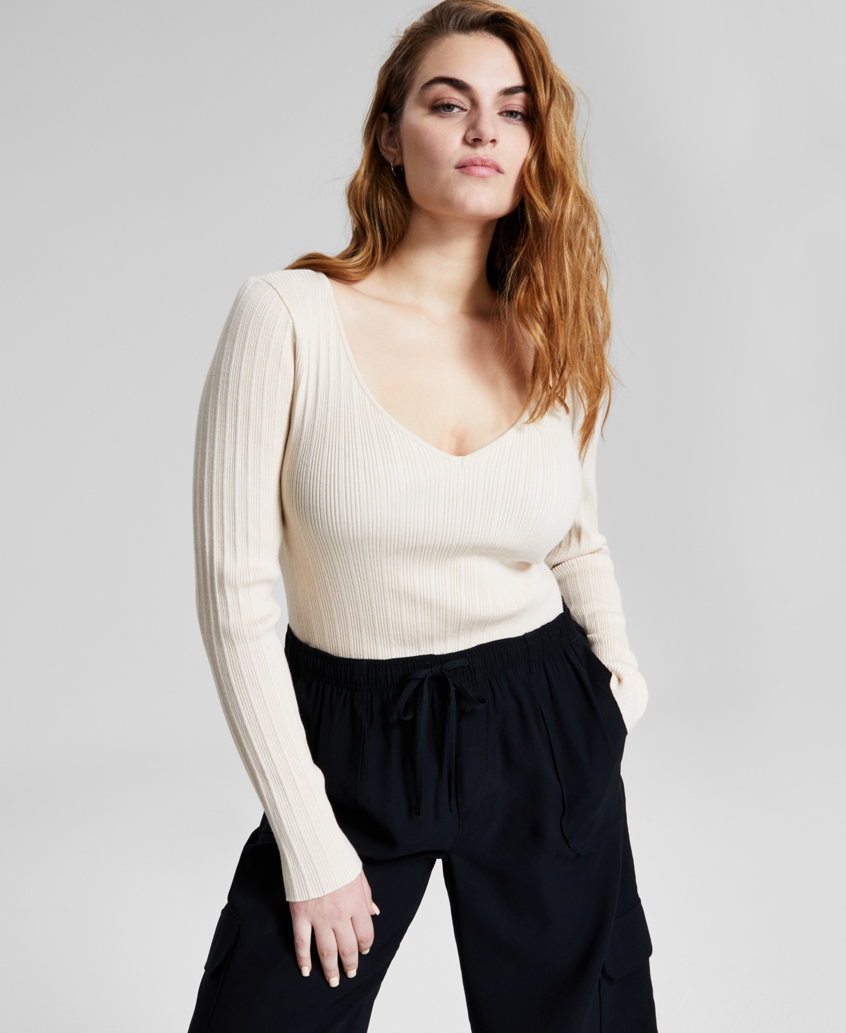 And Now This Women's V-neck Ribbed Sweater-knit Long-sleeve Bodysuit, Created For Macy's In Bone