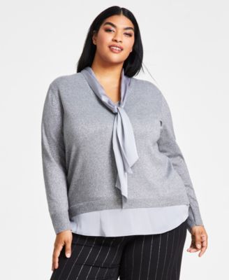 Plus Size Layered-Look Metallic-Threaded Sweater