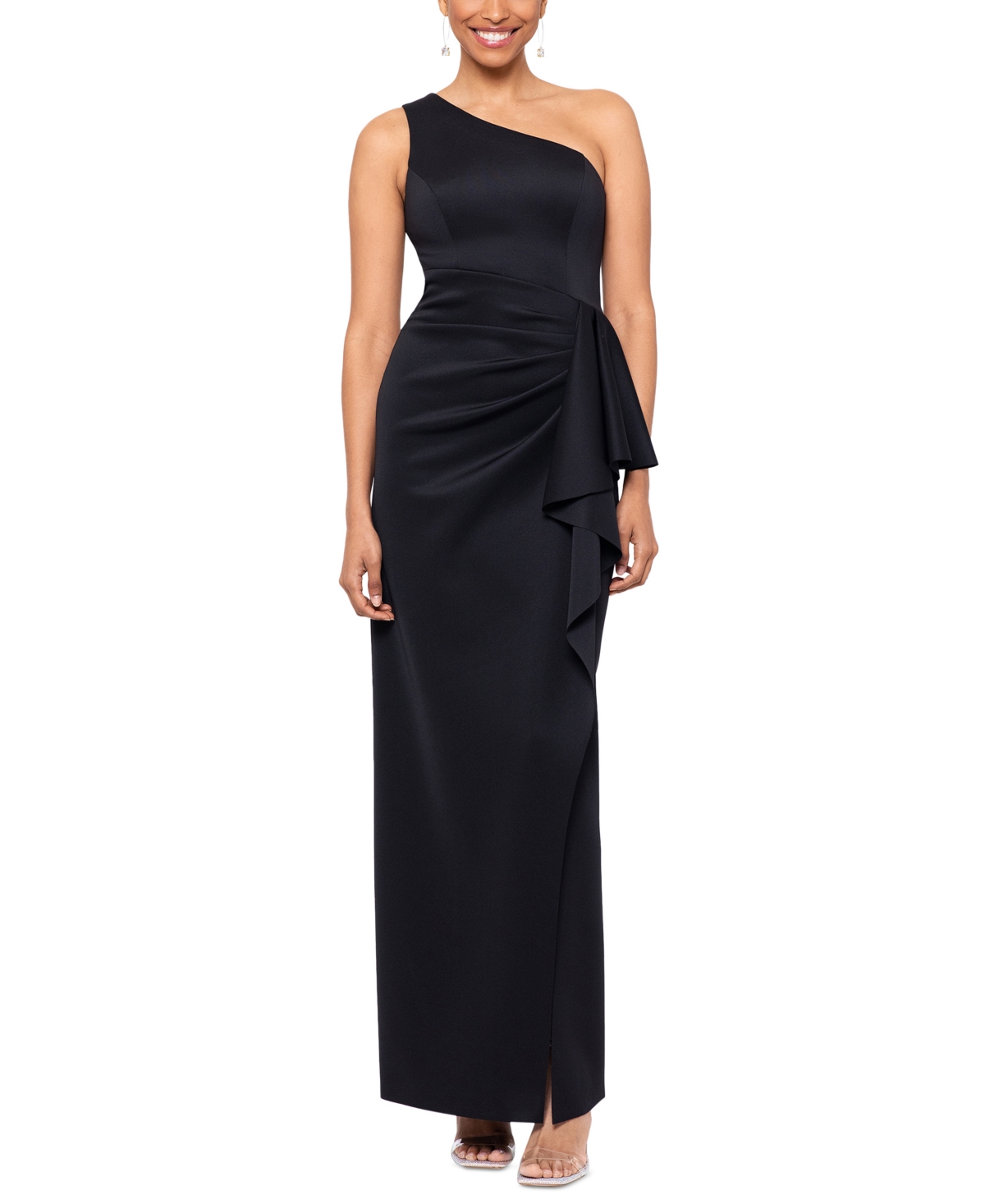 Xscape Petite One-shoulder Side-drape High-slit Gown In Black