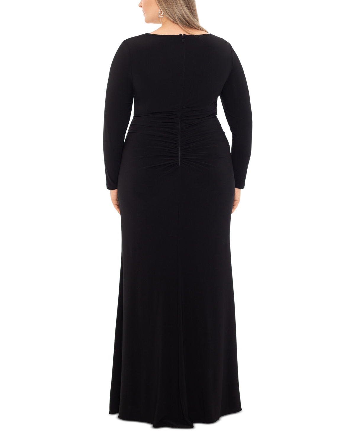 Xscape Plus Size V-neck Twist-front Side-ruffle Gown In Black,nude