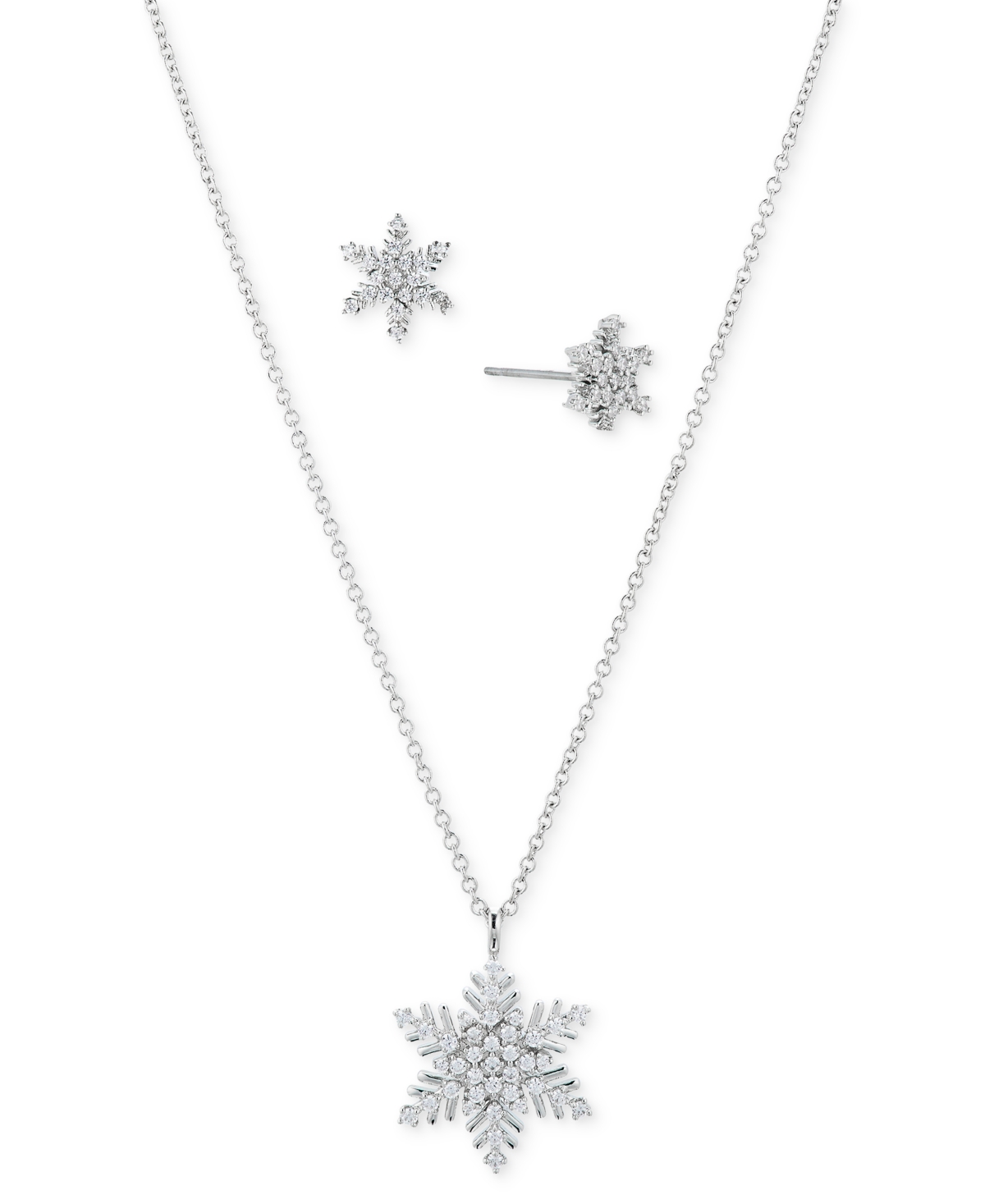 Silver-Tone Crystal Snowflake Necklace & Earrings Set, 16" + 2" extender - Rhodium