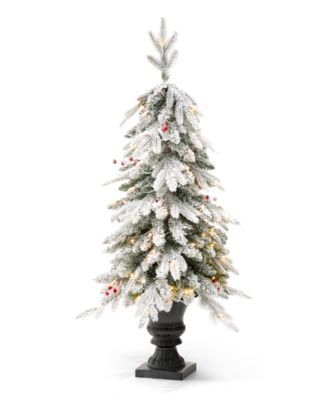 4' Pre-Lit Flocked Fir Artificial Christmas Porch Tree with 100 Warm White Lights and Red Berries