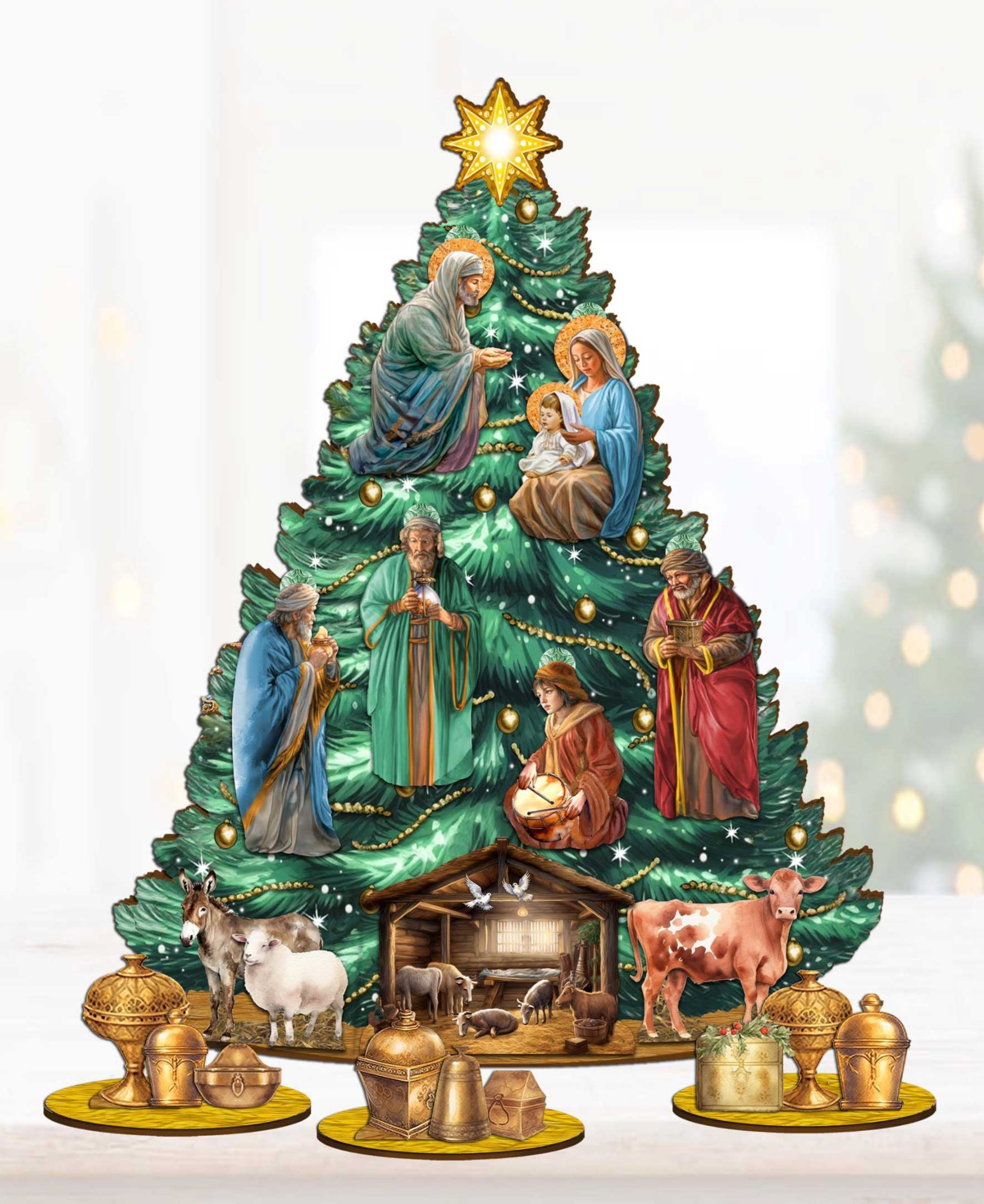 Shop Designocracy Christmas Story Themed Wooden Christmas Tree With Ornaments Set Of 13 G. Debrekht In Multi Color