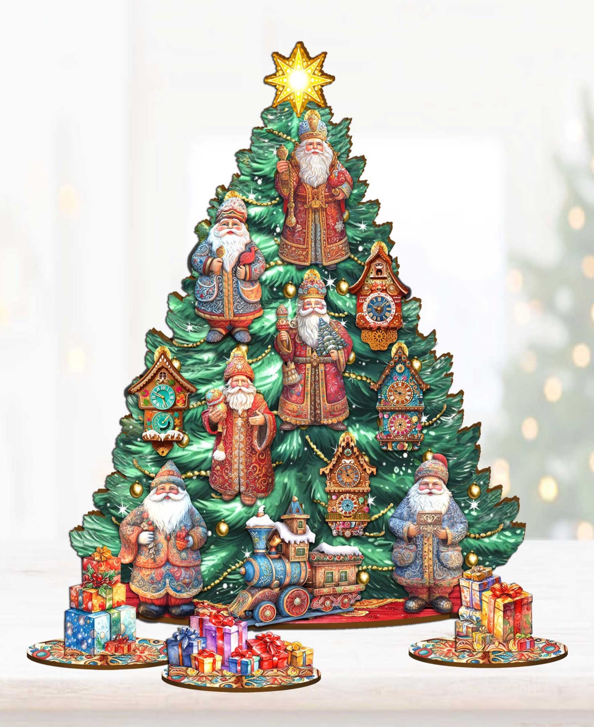Shop Designocracy Santa Christmas Arrival Themed Wooden Christmas Tree With Ornaments Set Of 13 G. Debrekht In Multi Color