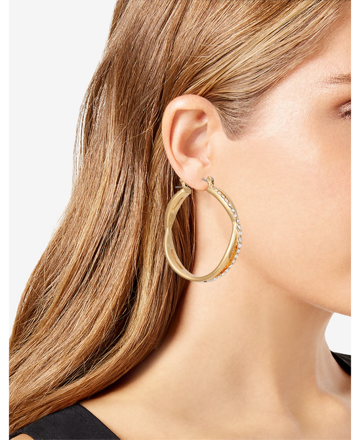Shop T Tahari Gold-tone Clear Glass Stone Embellished Hoop Earrings