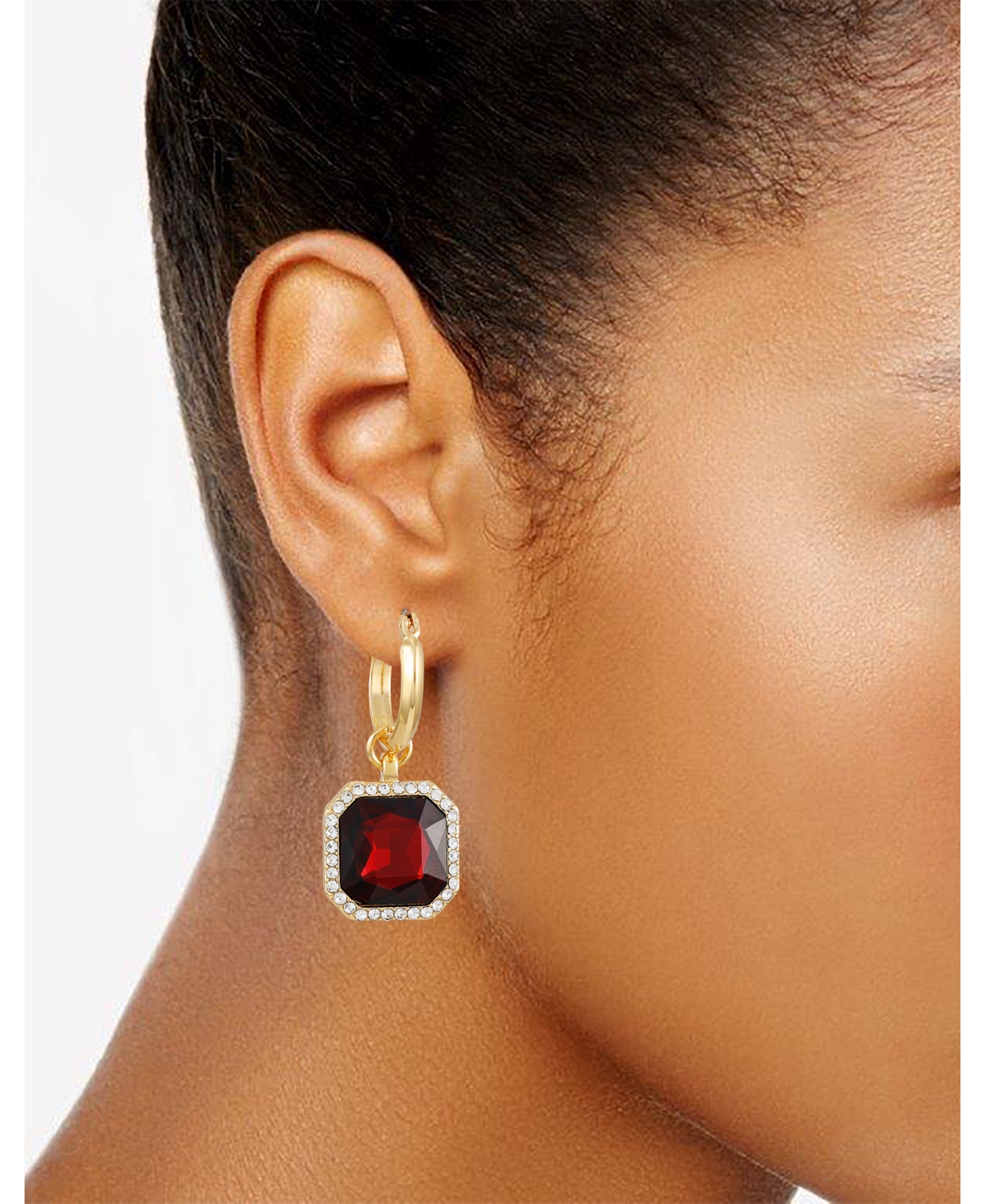 Shop T Tahari Gold-tone Dark Red Glass Stone Hoop Drop Earrings In Gold,dark Red