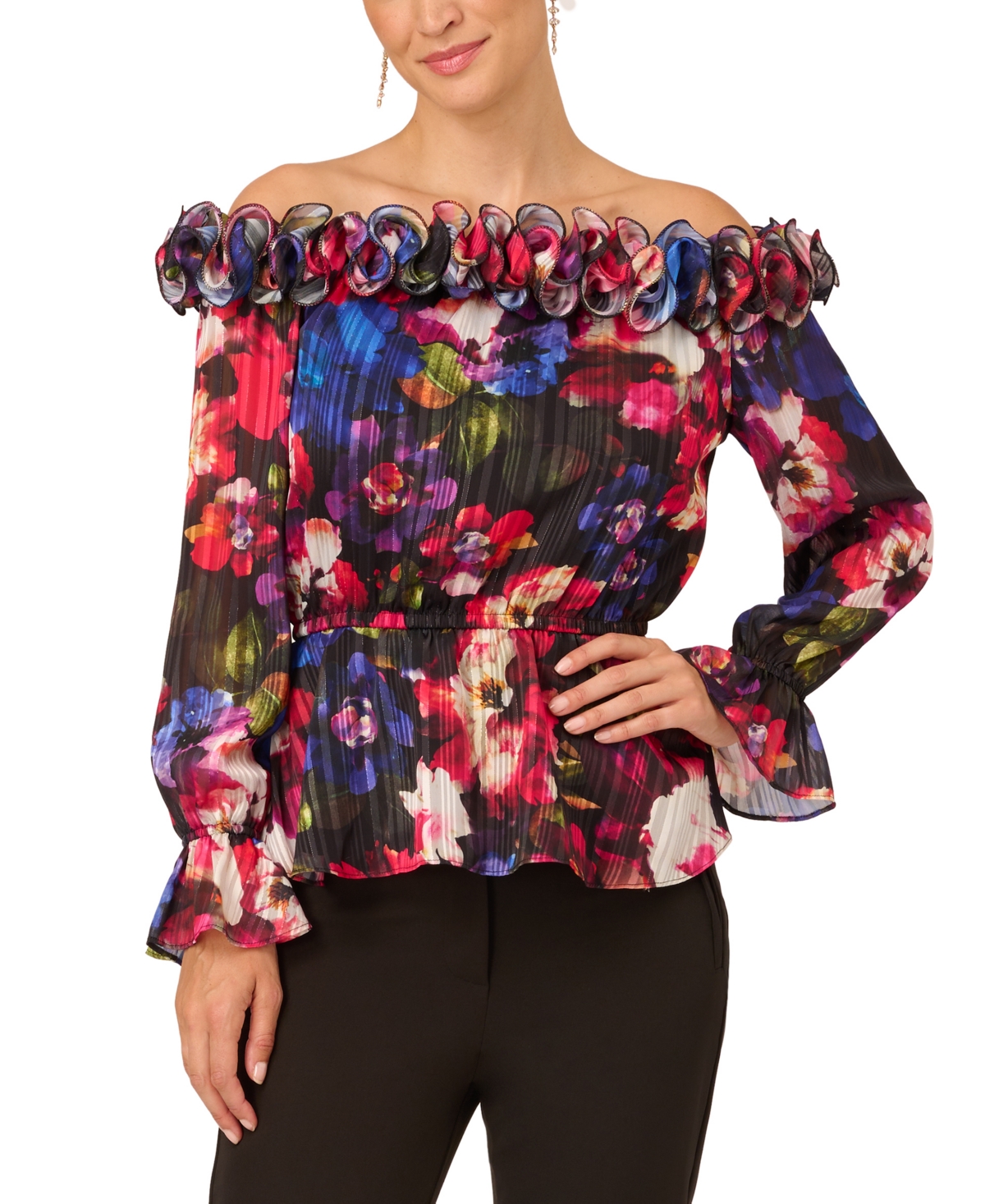 Adrianna Papell Women's Ruffled Off-the-shoulder Top In Black Multi