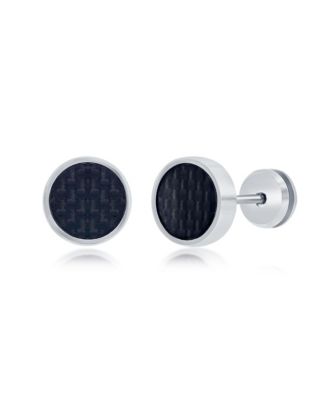 Mens Stainless Steel 10mm Carbon Fiber Stud Earrings - Silver