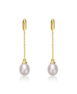 Sterling Silver 14k Yellow Gold Plated with White Freshwater Pearl Linear Dangle Drop Cable Chain Earrings