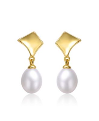 Sterling Silver 14k Yellow Gold with White Freshwater Pearl Drop Geometric Shield Retro Dangle Earrings