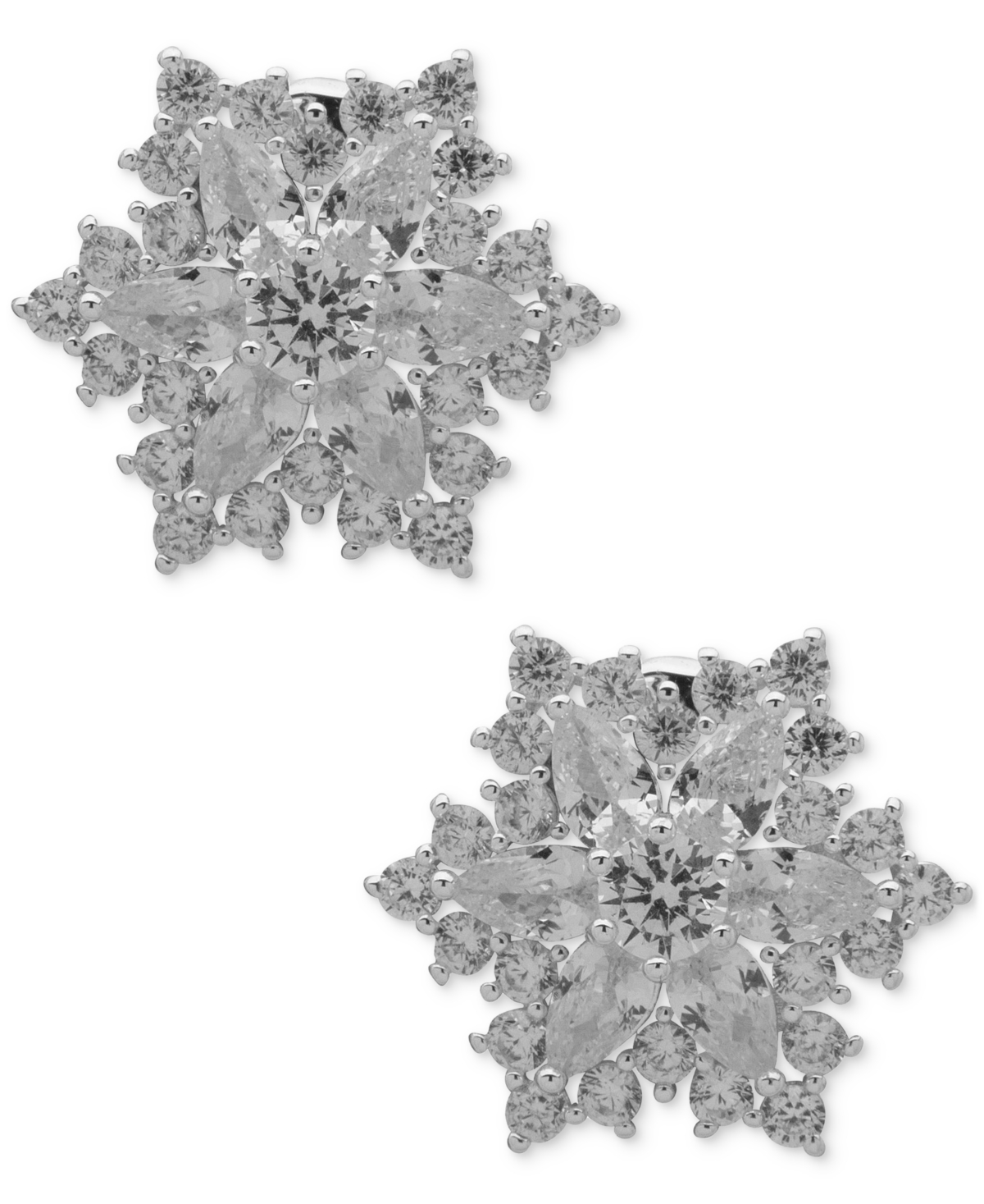 Silver-Tone Mixed Crystal Snowflake Clip-On Button Earrings - Crystal