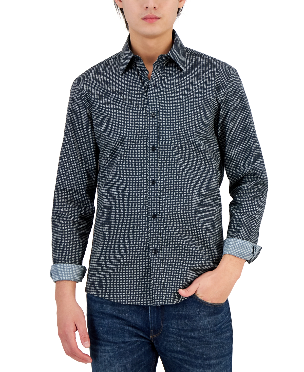 Michael Kors Men's Slim Fit Stretch Button-front Geo Print Shirt In Midnight