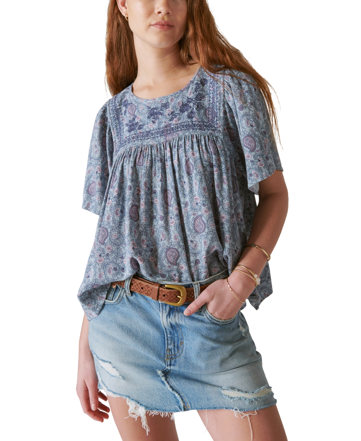 Lucky Brand Embroidered Short Sleeve Top In Blue | ModeSens