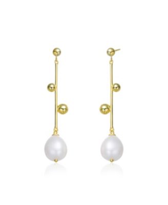 Sterling Silver 14K Gold Plated Genuine Freshwater Pearl Dangling Earrings